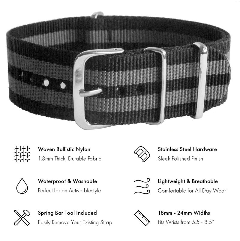 Benchmark Basics Nylon Watch Band - Waterproof Ballistic Nylon One-Piece Military Watch Straps for Men & Women - Choice of Color & Width - 18mm, 20mm, 22mm or 24mm (20mm, Black/Grey Bond Striped) - Image 2